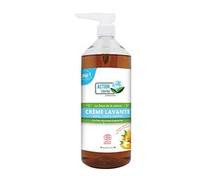 ACTION VERTE - Crème lavante - Nettoie les mains, corps & cheveux - Certification Ecocert- Formule naturelle - Parfum fleur d'oranger et miel- 1L - Fabrication française