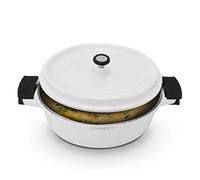 ACTIV CUISINE Cocotte en fonte ovale induction Marmite en fonte 6.5 Litres 31cm Fonte d'Aluminium, Revêtement Anti-adhésif Aspect Pierre, Avec Couvercle Coussinets en Silicone Amovibles, Blanc