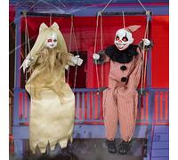 [Activation sonore] Lot de 2 décorations d'Halloween à suspendre en plein air, clown oscillant à suspendre et fantômes de filles avec yeux éclairés, expressions sonores effrayantes pour fête