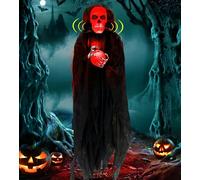 [Activé par le son] Squelette à suspendre de 165,1 cm - Décorations d'Halloween en plein air - Faucheuse animatronique - Tête de mort fantôme - Tête rouge - Peut contenir une boule de cristal LED