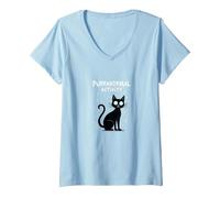 Activité Purranormal : Chat Effrayant Halloween T-Shirt avec Col en V, Femme, Bleu Céleste, L