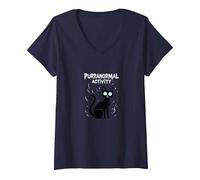 Activité Purranormal : Chat Effrayant Halloween T-Shirt avec Col en V, Femme, Bleu Marine, M