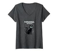 Activité Purranormal : Chat Effrayant Halloween T-Shirt avec Col en V, Femme, Chiné Foncé, M