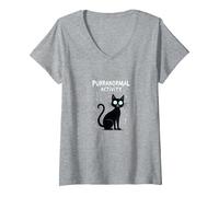 Activité Purranormal : Chat Effrayant Halloween T-Shirt avec Col en V, Femme, Gris Chiné, M