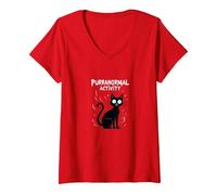 Activité Purranormal : Chat Effrayant Halloween T-Shirt avec Col en V, Femme, Rouge, XXL