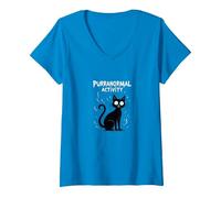 Activité Purranormal : Chat Effrayant Halloween T-Shirt avec Col en V, Femme, Saphir, M