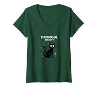 Activité Purranormal : Chat Effrayant Halloween T-Shirt avec Col en V, Femme, Vert Forêt, S