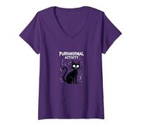 Activité Purranormal : Chat Effrayant Halloween T-Shirt avec Col en V, Femme, Violet, XXL