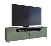 Meuble TV 75 Pouces Veret Olive et Chêne 4 Portes 8 Niches Roulettes L 200 H 55 P 38 cm - L 200 x l 38 x H 55 cm vert G