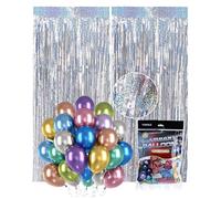 Acual 2 PCS Argent Rideaux à Franges Pailletées, 1 x 2,5 m, Contient 50 Ballons de 10 Pouces, Papier d'Aluminium Rideau Frange pour Décoration Anniversaire, Mariage, Decoration EVJF