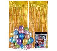 Acual 2 PCS Doré Rideaux à Franges Pailletées, 1 x 2,5 m, Contient 50 Ballons de 10 Pouces, Papier d'Aluminium Rideau Frange pour Décoration Anniversaire, Mariage, Decoration EVJF