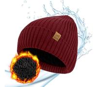ACUSHLA Bonnet d'hiver imperméable et coupe-vent avec revers en laine extensible douce avec doublure thermique en polaire épaisse, cadeaux pour homme/femme/elle/lui, Rouge, Taille unique
