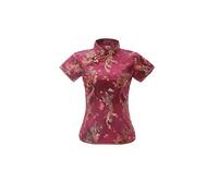 ACVIP Blouse Chemisier Chinois à Manches Courtes pour Femme, Haut Qipao en Brocart avec Col Montant, Motif Dragon et Phénix, rouge foncé, 44-46