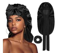 ACWOO Bonnet de sommeil en satin pour femme et fille avec large bande élastique, Noir , L