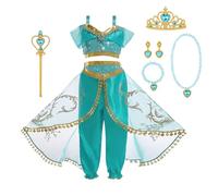 ACWOO Deguisement de Princesse Jasmine pour Enfants Filles, Costume de Princesse Jasmine avec Accessoires de Bandeaux et Colliers, Aladdin Costume pour Filles Noël Halloween Anniversaire Fête Cosplay