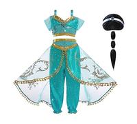 ACWOO Deguisement de Princesse Jasmine pour Enfants Filles, Costume de Princesse Jasmine avec Accessoires de Perruque, Filles Princesse Costume Habillage, Noël Halloween Anniversaire Fête Cosplay