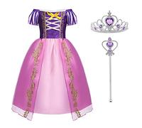 ACWOO Deguisement Robe Costume Princesse Raiponce Enfant Fille avec Couronne et Baguette Magique, Anniversaire Noël Fete Halloween Nouvel An Party Dress Up, Manches Bouffantes