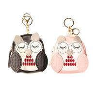 Acxico Lot de 2 porte-clés adorables chouettes - Porte-monnaie compact en similicuir avec fermeture éclair, motif dessin animé en rose, gris et noir pour un usage quotidien