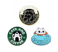 Acxico Lot de 3 broches en forme de chat en émail - Cadeau idéal pour les amateurs de bijoux, café, livres, lecture, amour - Noir, Émail