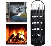 ACXIN 5pcs noir ensemble de cheminée en acier inoxydable, y compris le balai, pelle à cendres, tisonnier, pince, support avec écran en acier inoxydable