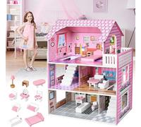 ACXIN Maison de poupées rose en bois Grande villa de poupées pour filles Set de jeu avec meubles & accessoires Dollhouse 3 étages Barbyhaus Facile à monter, sûr & écologique, 60x24x70cm