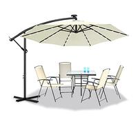 ACXIN Parasol en aluminium Ø 350 cm avec éclairage LED solaire - Parasol déporté avec manivelle - Hauteur réglable - 8 baleines - Protection UV 40+ - Beige