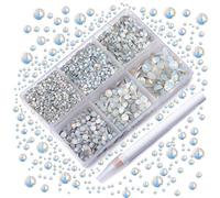 AD Beads Lot de 4300 strass ronds à dos plat pour nail art, 6 tailles (2-6,5 mm) avec boîte de rangement, stylo de crochetage pour décorations d'ongles, téléphone, loisirs créatifs (blanc opale)