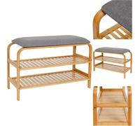 AD.CON Étagère à chaussures en bambou avec banc et 2 niveaux Banc à chaussures avec coussin d'assise et 2 étagères Banc d'entrée pour couloir chambre à coucher et entrée 70x30x46cm Gris