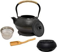 AD.CON Théière japonaise en fonte 1,5L avec réchaud et passoire en acier inoxydable Noir pour thé en vrac de style asiatique