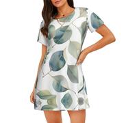 ADAhgu Chemise de nuit élégante à manches courtes et col rond avec imprimé feuilles d'eucalyptus - Convient à tous les types de corps, Noir , XL
