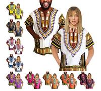 Adalex Global Chemise traditionnelle africaine unisexe Dashiki couleur festival tribal hippie, idéale pour hommes et femmes africaines manches courtes vêtements d'été + cadeau nosemask, Blanc/orange/jaune, XS