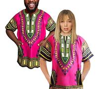 Adalex Global Chemise Traditionnelle Africaine Unisexe Dashiki Couleur Festival Tribal Hippie, idéale pour Hommes et Femmes africaines Manches Courtes vêtements d'été + Cadeau nosemask, Rose/Vert, XS