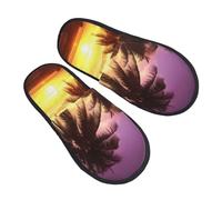 AdaNti Pantoufles en fourrure avec palmiers au coucher du soleil pour homme et femme - Pantoufles pelucheuses en mousse à mémoire de forme - Chaudes et confortables - Chaussures d'hiver pour intérieur