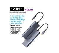Adaptateur 12 en 1 (HDMI DP VGA) USB C HUB 4K 60 Hz Type C vers HDMI DP VGA Gigabit Ethernet USB 3.1