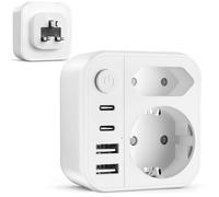 Adaptateur 6 en 1 avec Prise Anglaise Allemande - Adaptateur Portable Britannique avec 2 USB, 2 de Type C, Adaptateur de Voyage 2 Prises Schuko vers Type G pour Angleterre, Malaisie, Dubaï, Arabie
