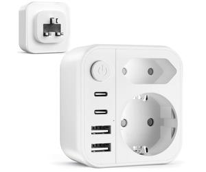 Adaptateur 6 en 1 avec Prise Anglaise Allemande - Adaptateur Portable Britannique avec 2 USB, 2 de Type C, Adaptateur de Voyage 2 Prises Schuko vers Type G pour Angleterre, Malaisie, Dubaï, Arabie