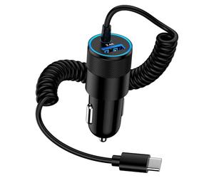 Adaptateur Allume Cigare USB, 3.4A Chargeur Voiture Charge Rapide avec Câble Spiralé USB C, Prise Allume Cigare 12V pour Samsung Galaxy S25 Ultra/S24 FE/S23/S22/S21/A56, iPhone 17 Pro/16e/15, Pixel 9a