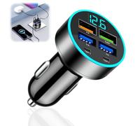 Adaptateur allume-cigare USB-C 50 W Chargeur rapide avec voltmètre LED, 4 ports USB-A et 2 chargeurs de voiture USB-C 12 V/24 V Boîtier en aluminium