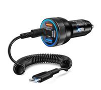 Adaptateur allume-cigare USB C 65 W 4 ports PD3.0 et QC3.0 Chargeur rapide de voiture avec câble spirale de type C de 1,2 m pour iPhone 17/16/15, Samsung S25/24 iPad Tablettes