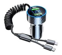 Adaptateur De Chargeur De Téléphone De Voiture Usb Avec Câble Rétractable,Moniteur De Tension Led 4 En 1,Charge Super Rapide Pour Iphone Samsung Huawei Black Car Charger