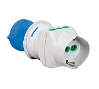 Fanton Adaptateur industriel 2P+T 16A CEE bleu IP44 – 2x 2P+T 16A By-pass + 1x 2P+T 16A Schuko