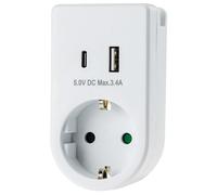Adaptateur de prise USB-C USB-A, prise 230V, contact de protection, avec adaptateur de charge USB 5V, 3,4A, blanc