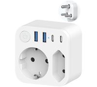 Adaptateur de voyage Allemagne-Inde avec 4 USB (2 Type-C), 2 adaptateurs de sortie de l'Inde, prise Schuko Type D pour Sri Lanka, Népal, Blanc