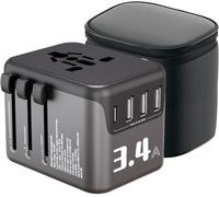 Adaptateur de Voyage Tout-en-Un avec 3 Ports USB-A et 1 USB-C, Prises Type A/B/C/G/I, Protection Surtension 10A, Puissance 2500W, Concerner France vers USA, RUK, EU, AU, Canada, Chine, Japon