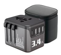 Adaptateur de Voyage Tout-en-Un avec 3 Ports USB-A et 1 USB-C, Prises Type A/B/C/G/I, Protection Surtension 10A, Puissance 2500W, Concerner France vers USA, RUK, EU, AU, Canada, Chine, Japon