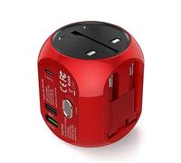 Adaptateur de Voyage Universel avec QC3.0 Charge Rapide 2 Ports USB 3.0 et 1 Interface de Type C (US/EU/UK/AU) dans Un Chargeur Multifonction pour Plus de 180 Pays, 2 fusibles (Red)