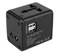 Adaptateur de voyage universel international avec double prise USB et secteur, format compact et portable, pour une sécurité optimale.