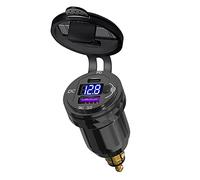 Adaptateur DIN mâle vers USB 3.0 + USB C PD 20W avec voltmètre et Chargeur à Bouton-Poussoir Prise USB de Type C pour Motos 12V-24V Ducati, Triumph, BMW Style européen (Le Noir)