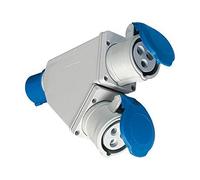 Adaptateur Industrielle Double Fiche : 2P + T16 A CEE Bleu - IP44. Prise : 2 x 2P + T16 A - IP44.