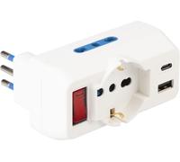 Adaptateur Multiple fiche 10A 3 Prises Pluristandard 10/16 A Italien Allemand 2 Prises USB Interrupteur Sécurité Blanc